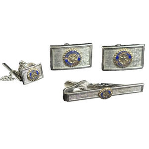 Vtg Swank Rotary Club International Cufflinks Tie Bar Tack Set Silver Tone MCM